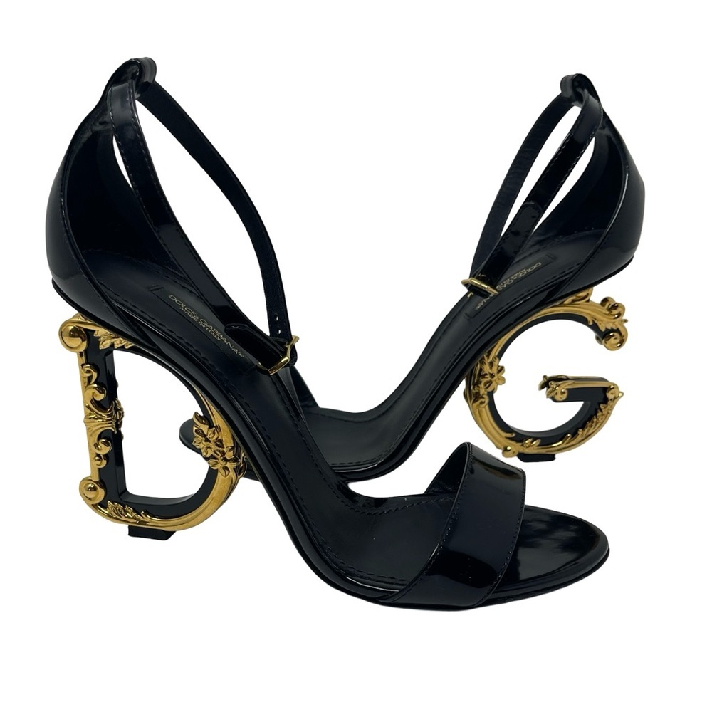 Dolce&Gabbana Black Gold Sculpted-Heel Baroque DG Patent Leather Sandals sz 38 8